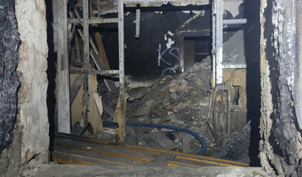 Spalone domy w parku,