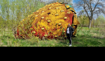 Opuszczona gigantyczna nawiedzona truskawka w środku lasu